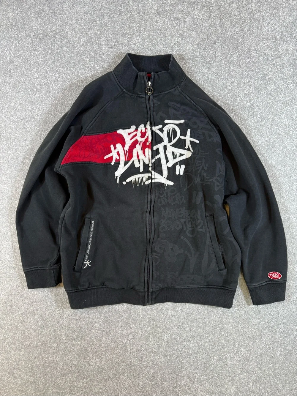 Ecko Unltd Hoodie Mens L Black Full Zip Sweater Hip Hop Graffiti Skater Y2K